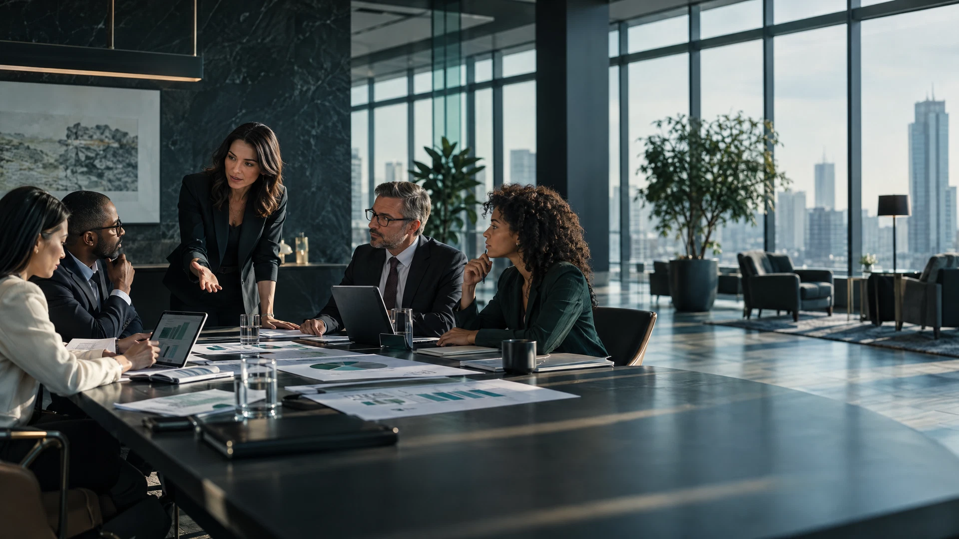 Equipe de gestão discute estratégia e coordenação empresarial